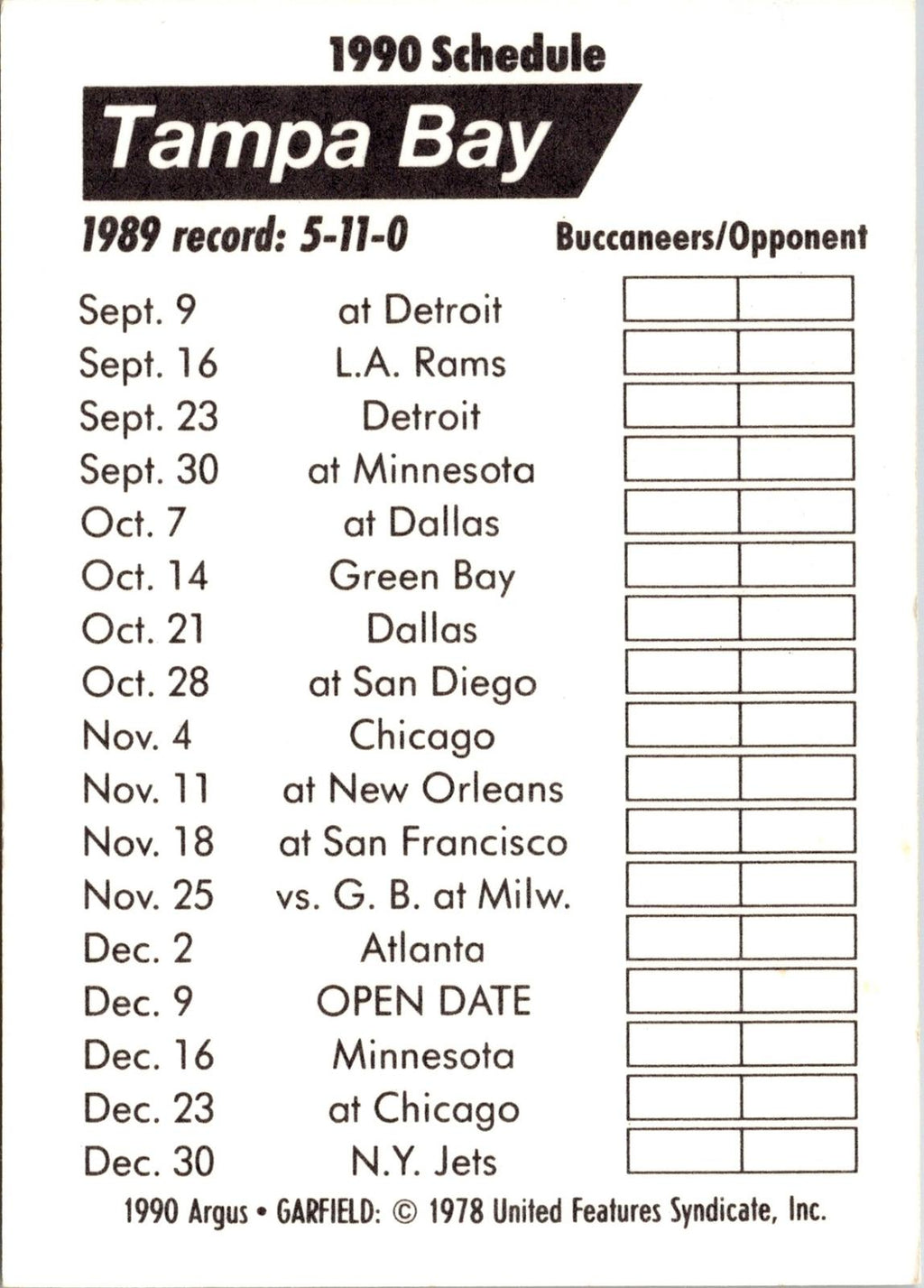 1990 Argus Garfield NFL Team Schedule Cards #NNO Tampa Bay Buccaneers