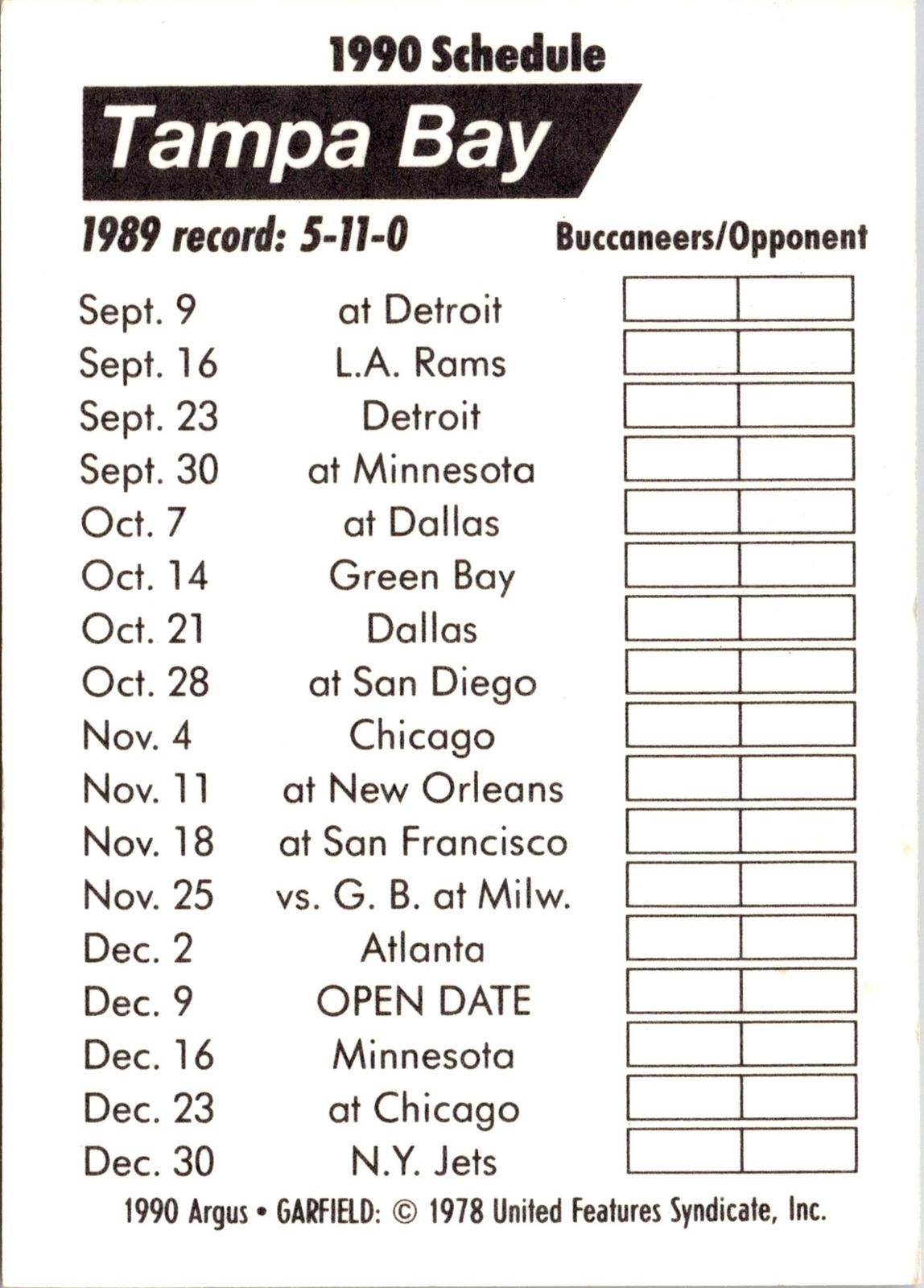 1990 Argus Garfield NFL Team Schedule Cards #NNO Tampa Bay Buccaneers