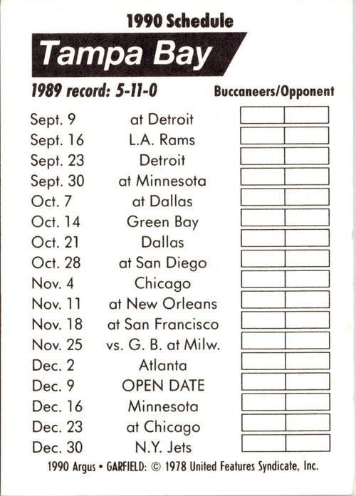 1990 Argus Garfield NFL Team Schedule Cards #NNO Tampa Bay Buccaneers