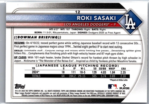 2025 Bowman Chrome #12 Roki Sasaki Mojo Refractor