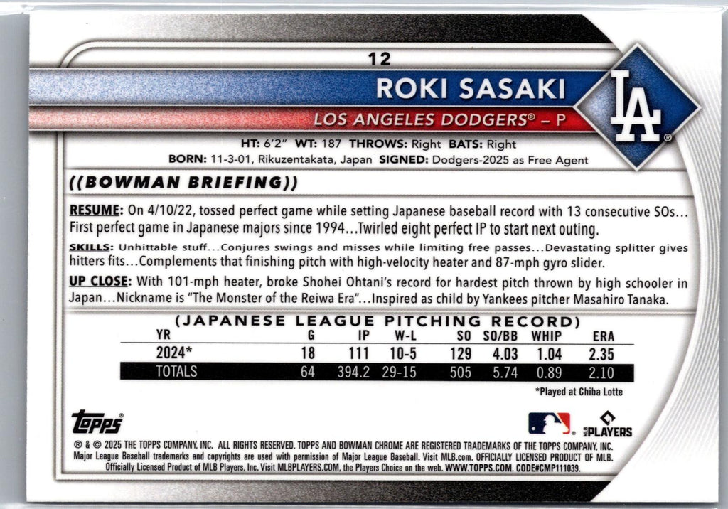 2025 Bowman Chrome #12 Roki Sasaki Mojo Refractor