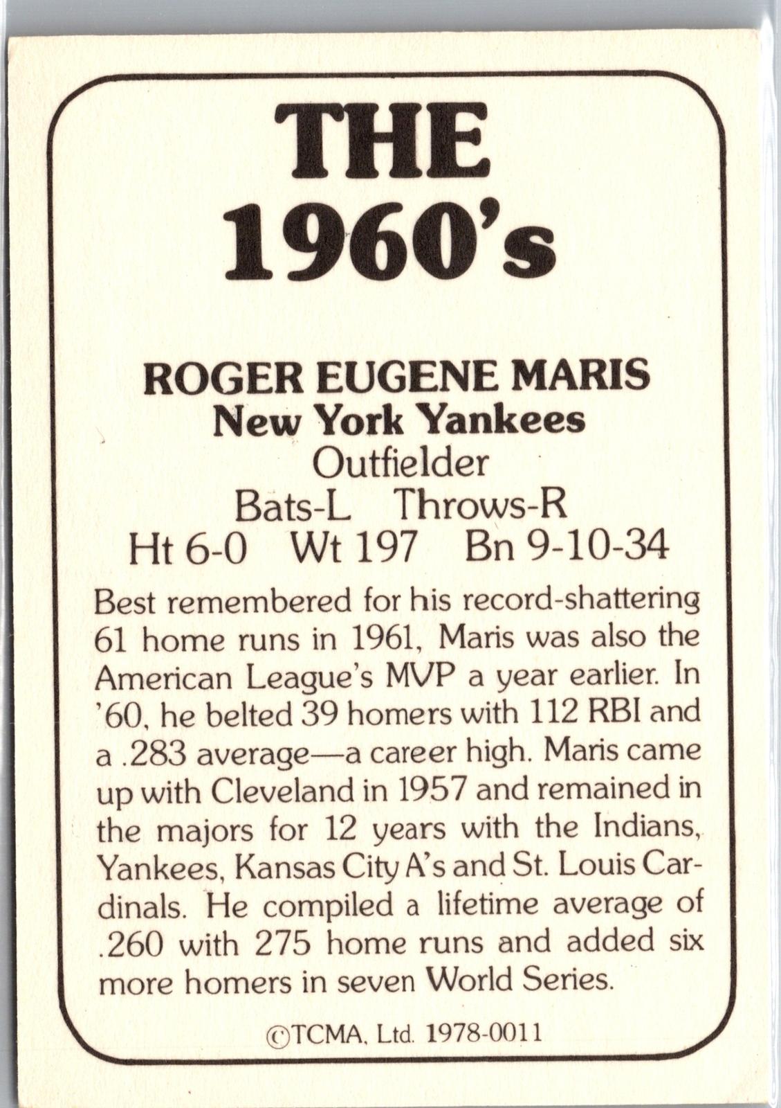 1978 TCMA The 1960's I #11b Roger Maris : Black text on back