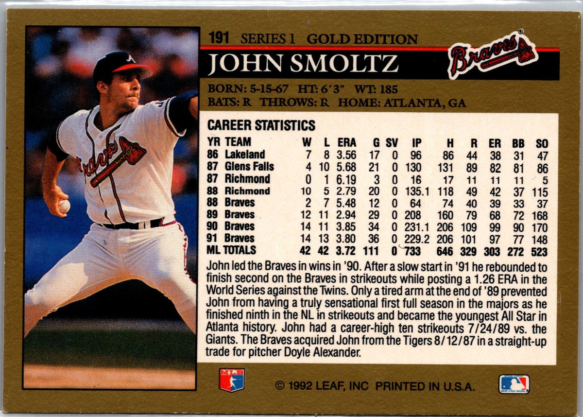 1992 Leaf #191 John Smoltz Black Gold