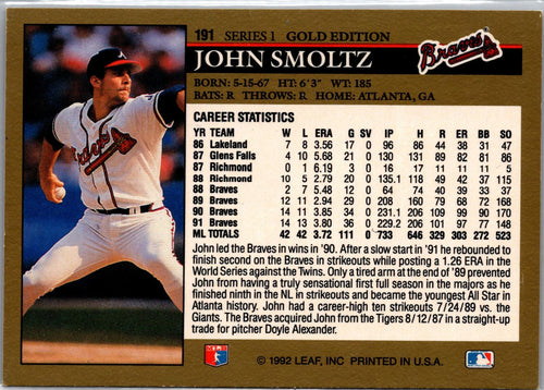 1992 Leaf #191 John Smoltz Black Gold