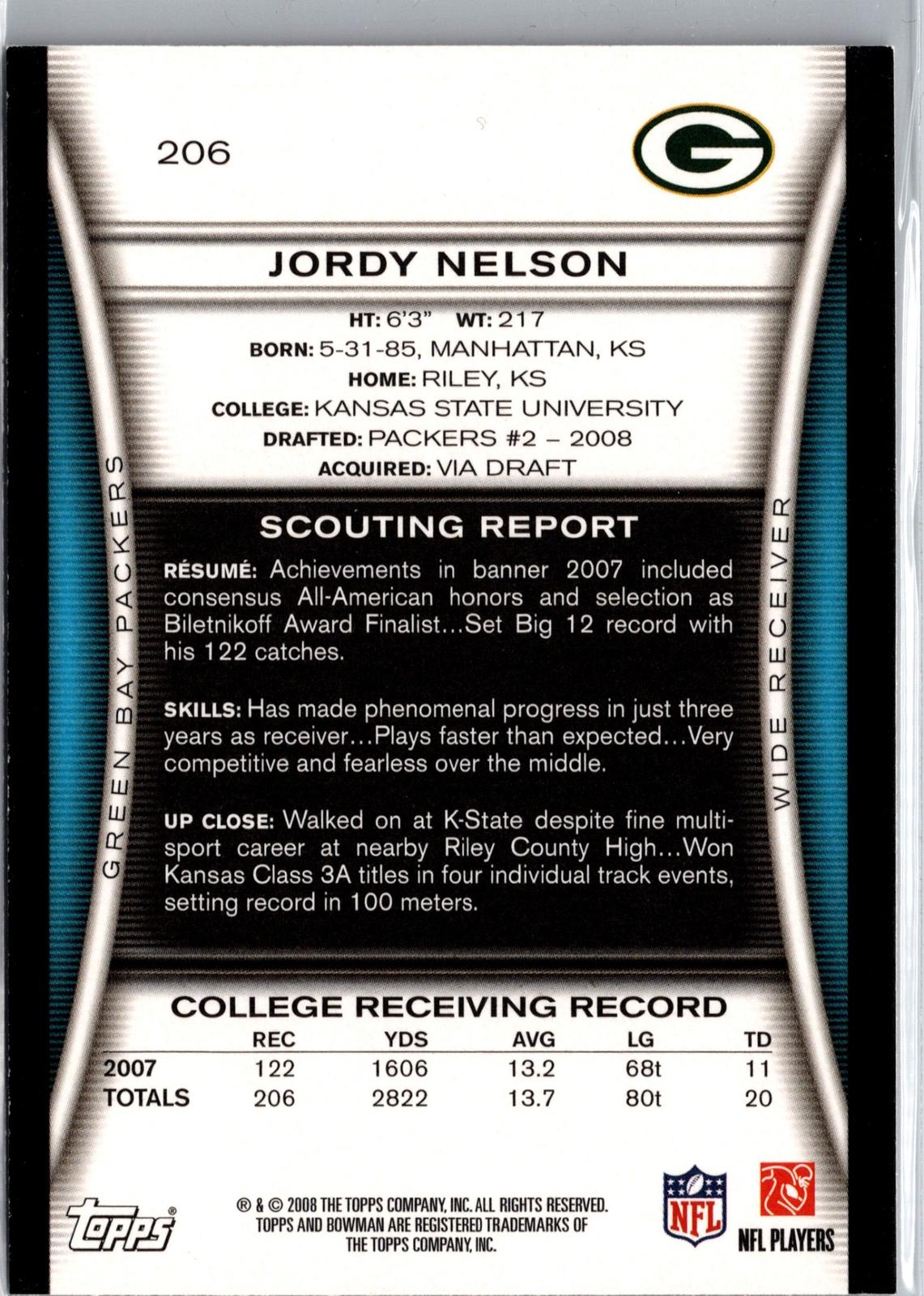 2008 Bowman #206 Jordy Nelson
