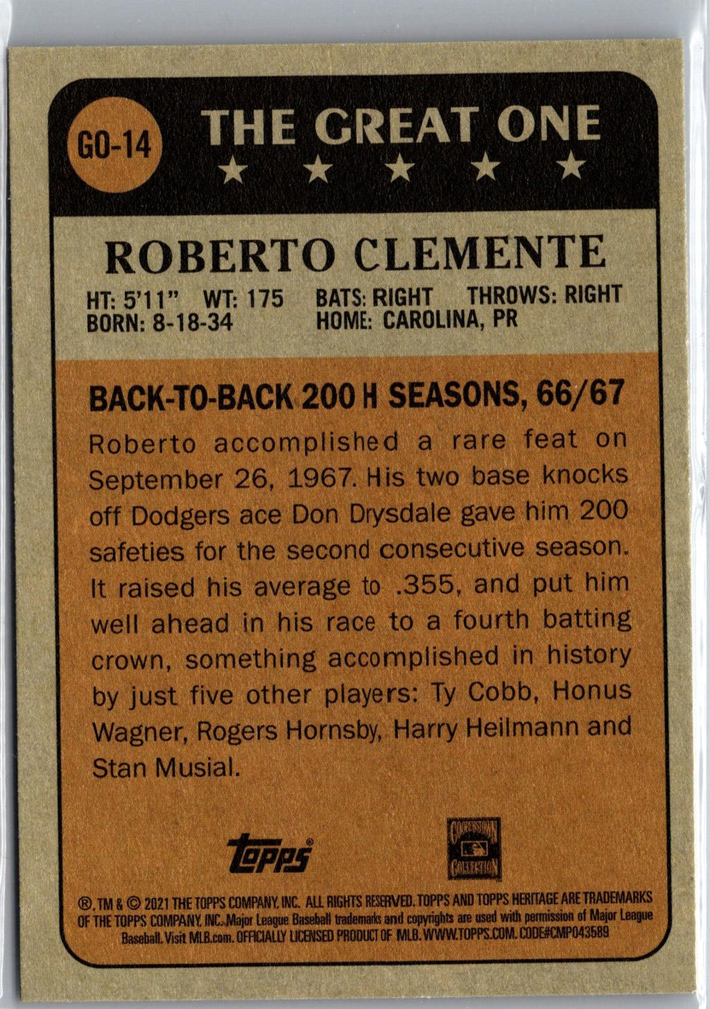 2021 Topps Heritage #GO-14 Roberto Clemente The Great One