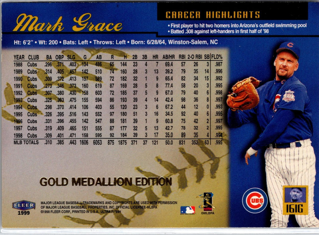 1999 Ultra #161G Mark Grace Gold Medallion