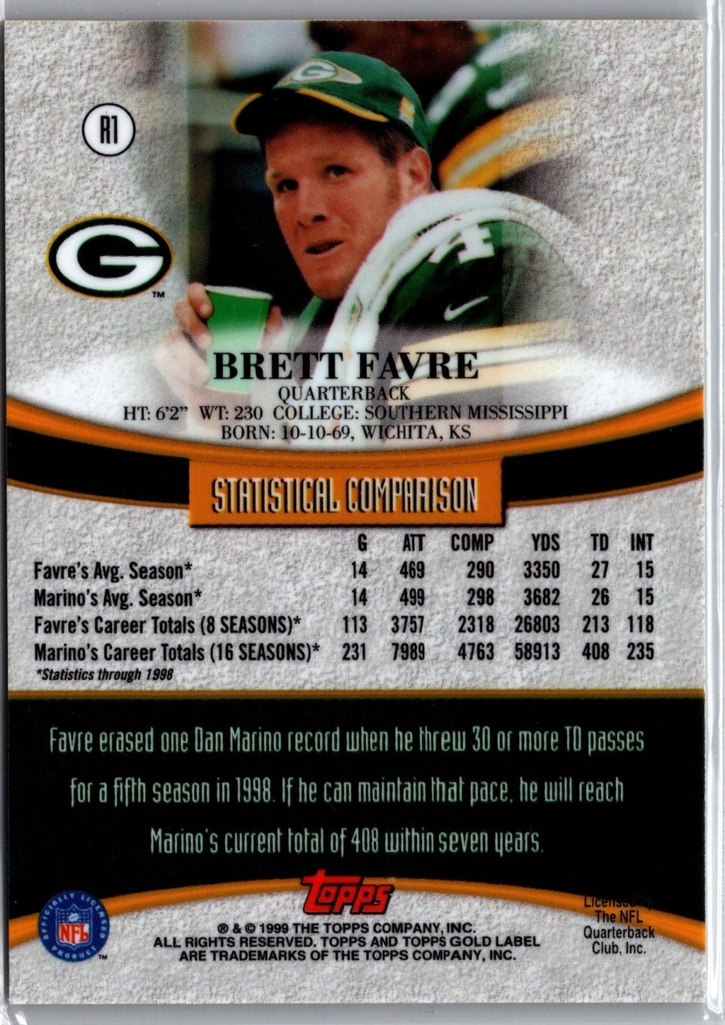1999 Topps Gold Label #R1 Brett Favre Race to... Gold