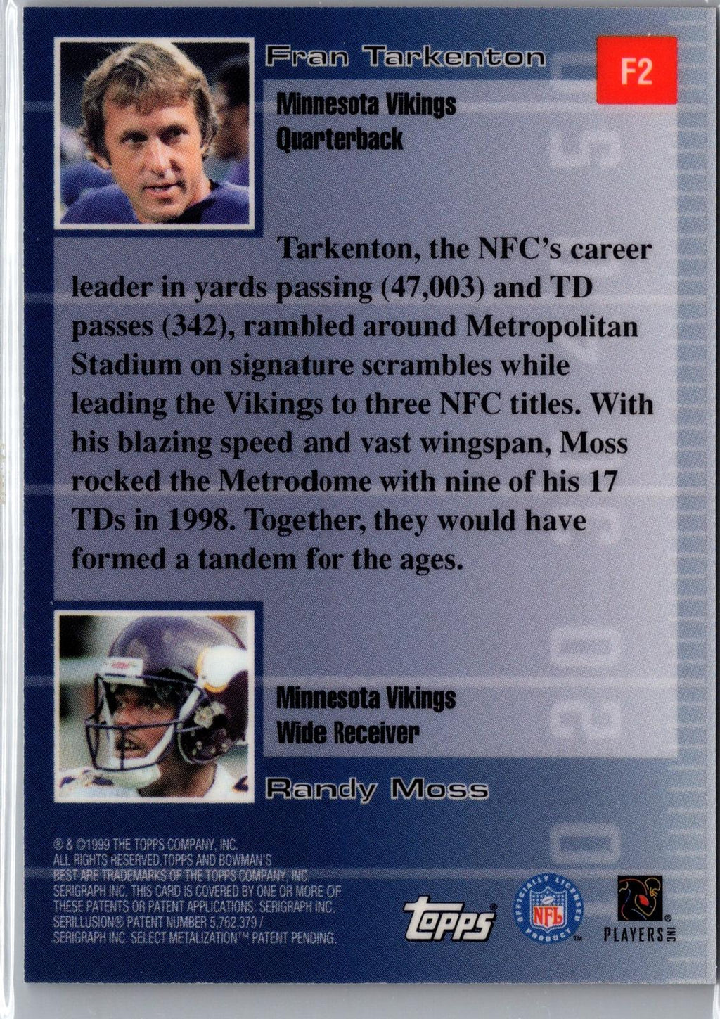 1999 Bowman's Best #F2 Randy Moss / Fran Tarkenton Franchise Favorites