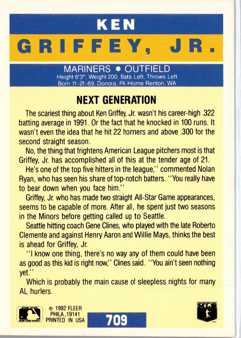 1992 Fleer #709 Ken Griffey, Jr.