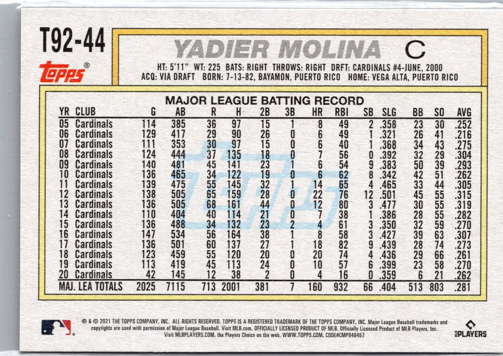 2021 Topps Update #TC92-44 Yadier Molina 1992 Topps Redux Chrome
