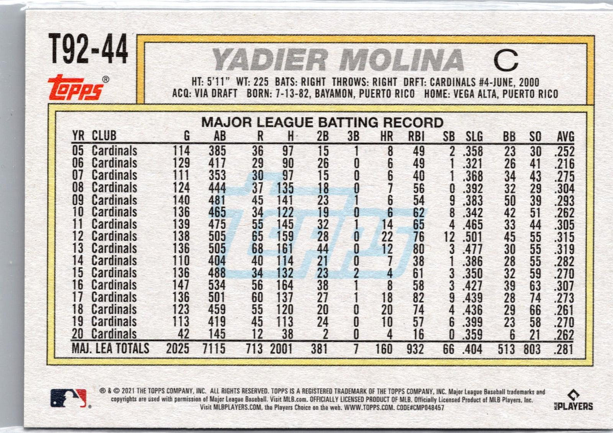 2021 Topps Update #TC92-44 Yadier Molina 1992 Topps Redux Chrome