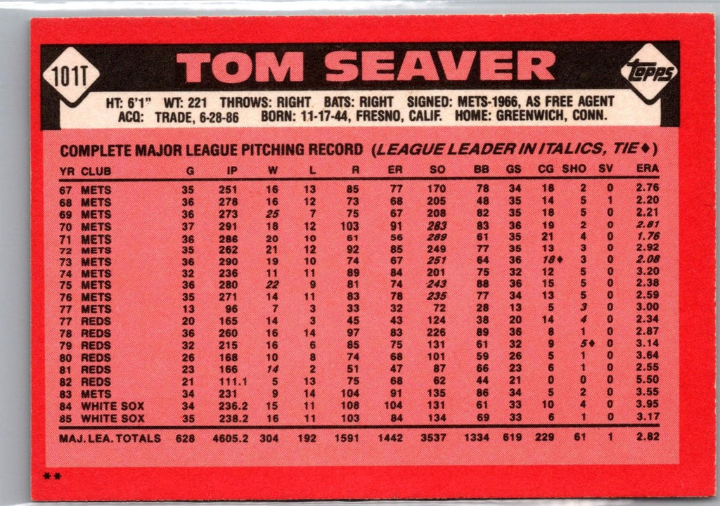 1986 Topps Traded #101T Tom Seaver