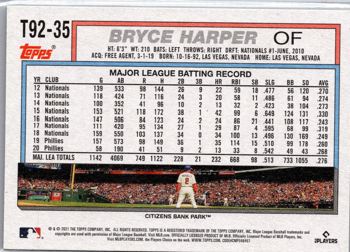 2021 Topps Update #T92-35 Bryce Harper 1992 Topps Redux