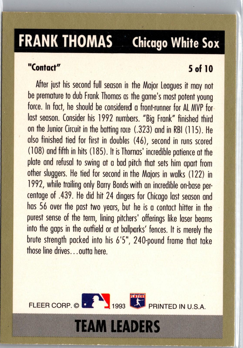 1993 Fleer #5 Frank Thomas Team Leaders (Series One American League)