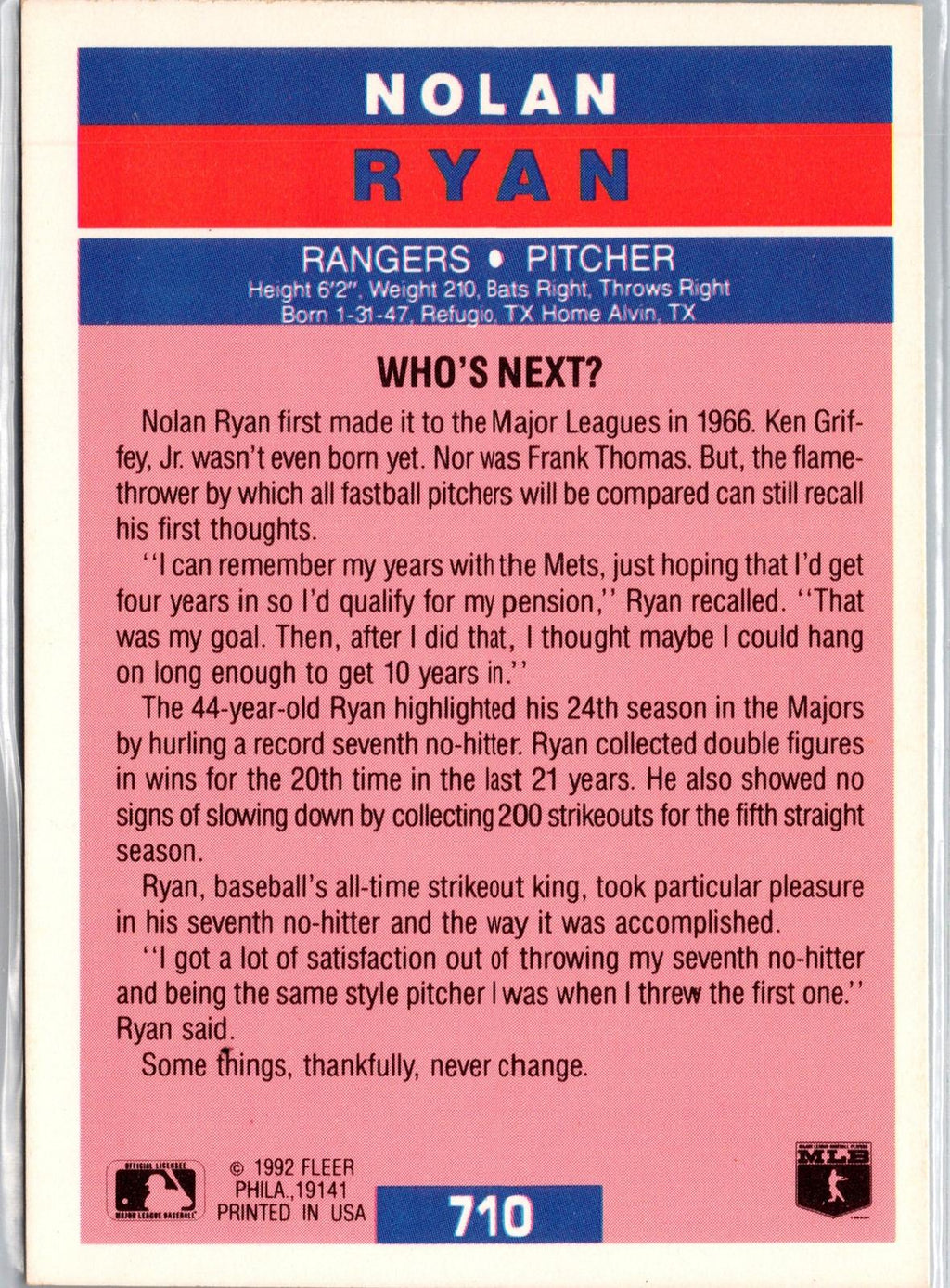 1992 Fleer #710 Nolan Ryan