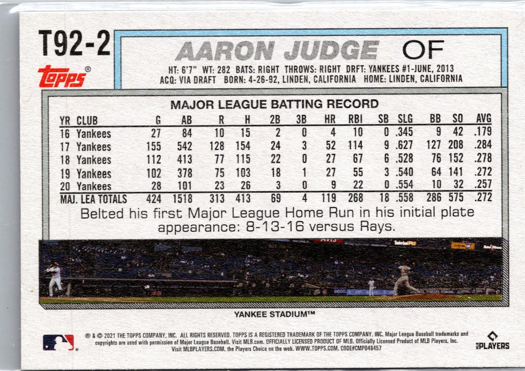 2021 Topps Update #T92-2 Aaron Judge 1992 Topps Redux