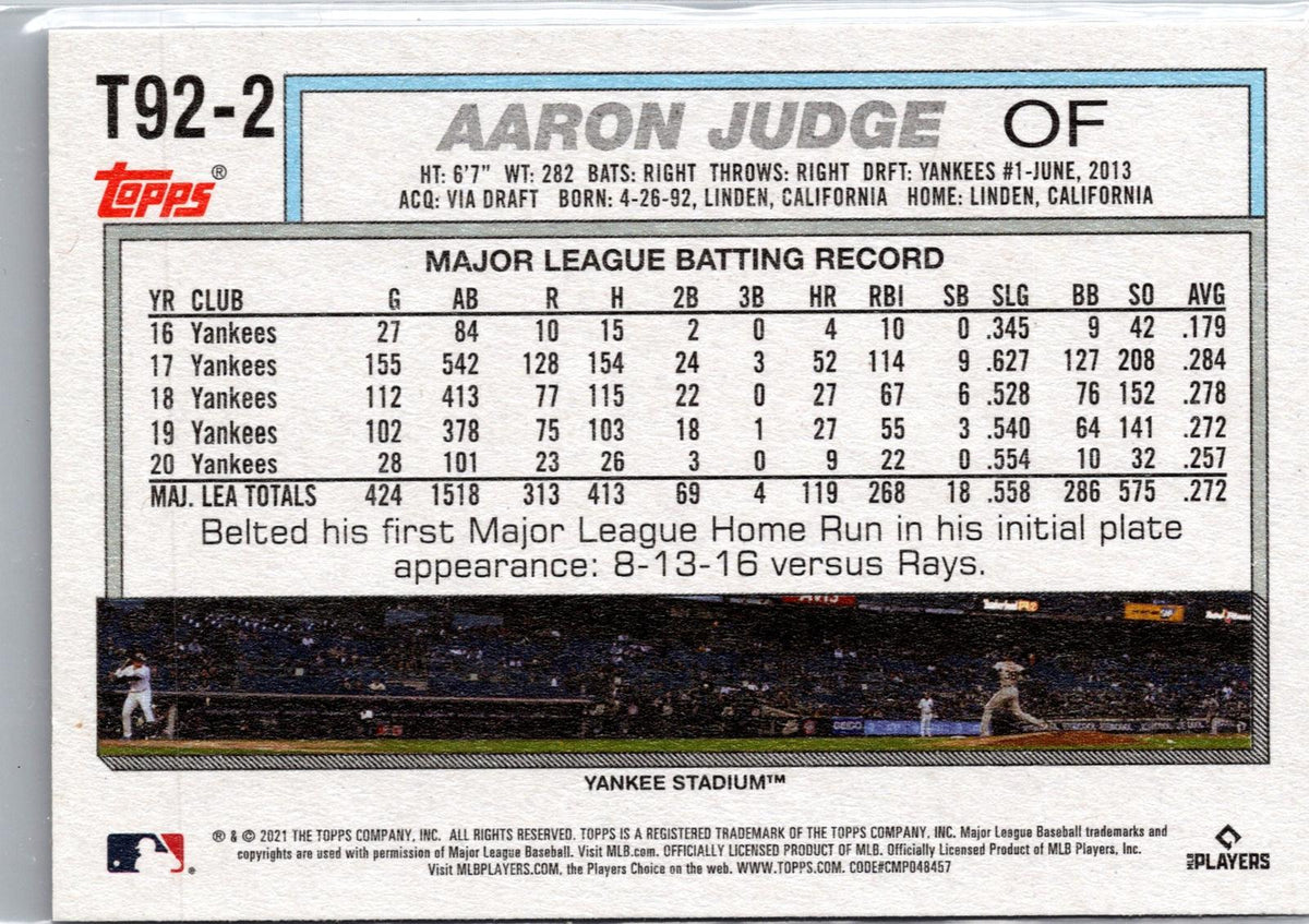 2021 Topps Update #T92-2 Aaron Judge 1992 Topps Redux