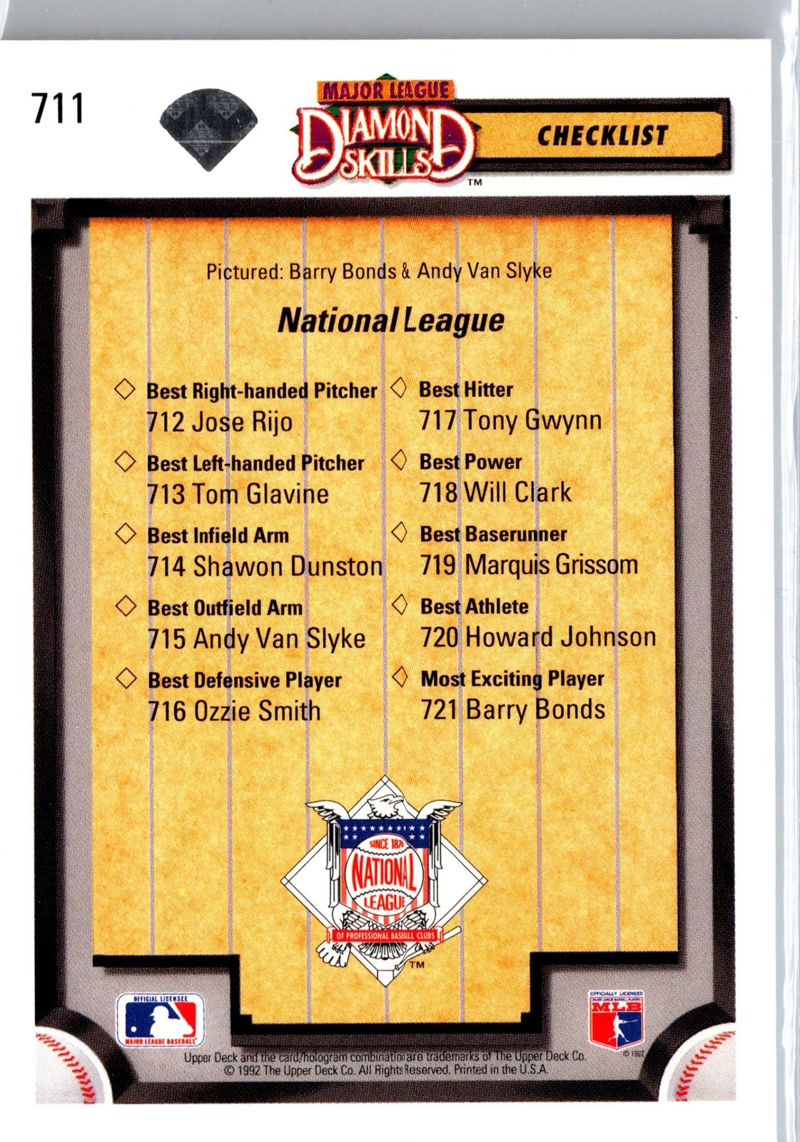 1992 Upper Deck #711 Diamond Skills Checklist (Barry Bonds / Andy Van Slyke)